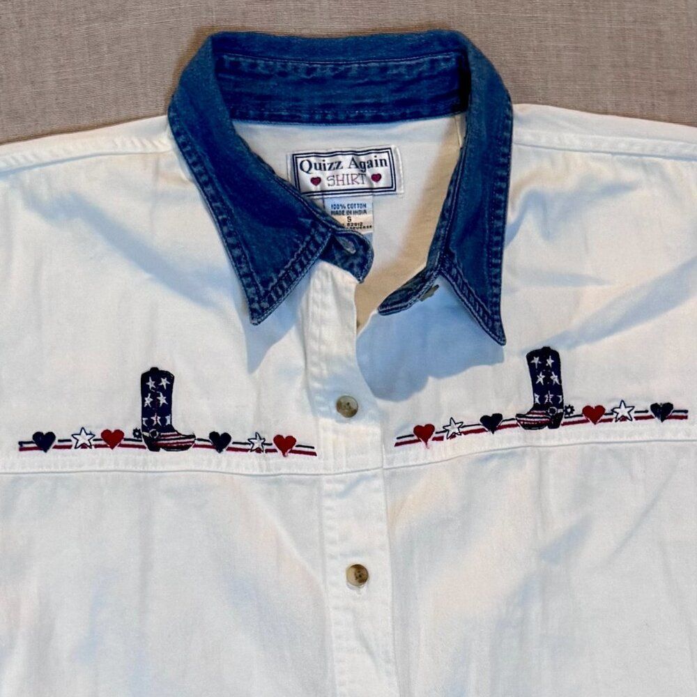 Vintage 90s Western Embroidered Shirt Americana Boots Denim Collar Quizz Again